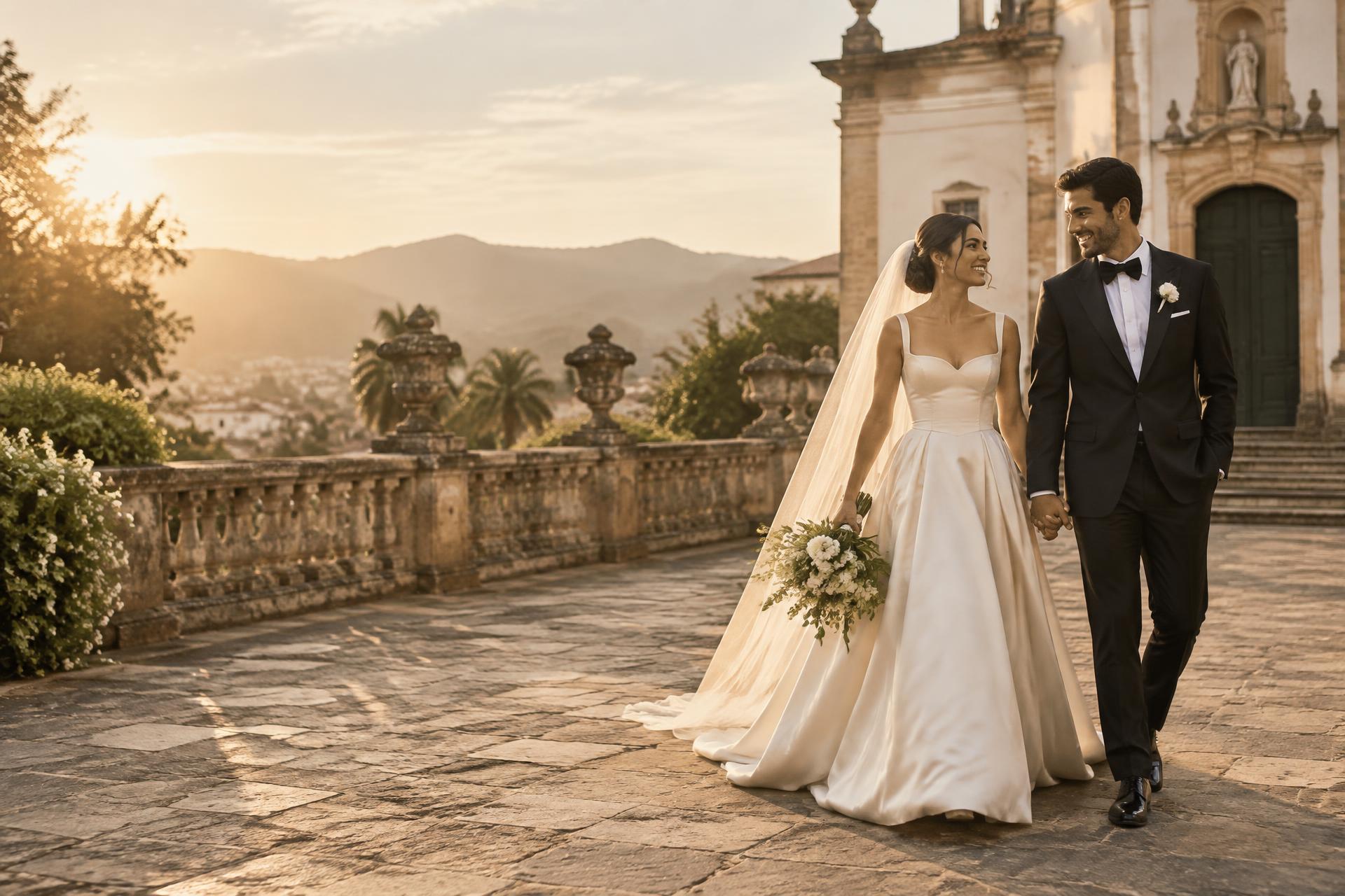 Noivos caminhando em uma celebração elegante